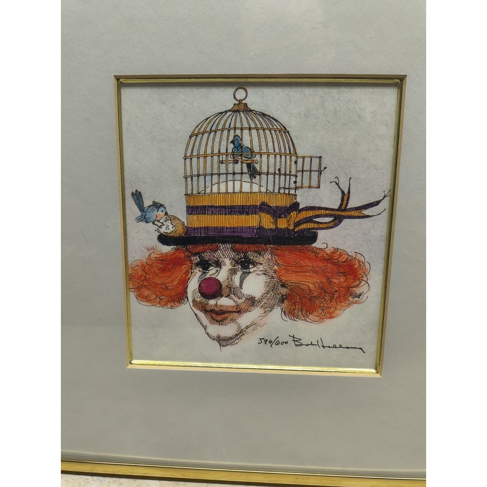 VINTAGE Bob Holloway Print 596/600 Clown with Bird Cage Hat Framed